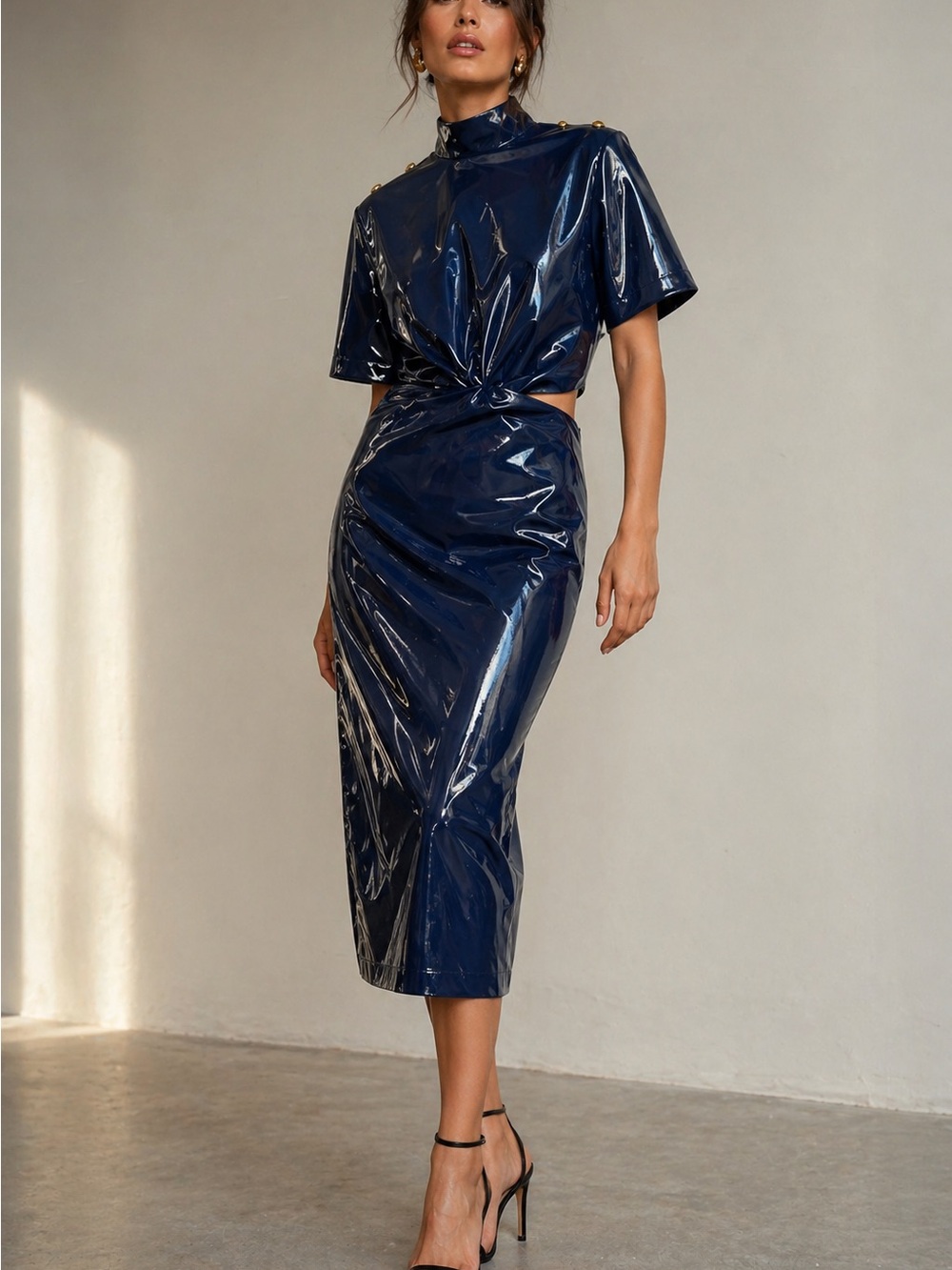 By Egreis Navy Blue Glossy Vinyl Marigold Cutout Midi Dress size Small